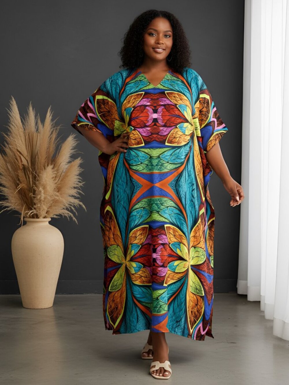 Multicolor Floral Printed Caftan Dress Plus Size Polyester Comfy Maxi Dresses
